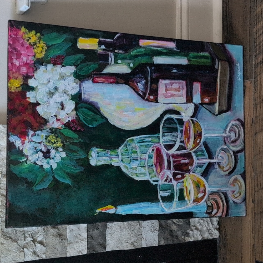 New Tablescape "Holiday Party" Original Acrylic Painting, Artist Signed Canvas